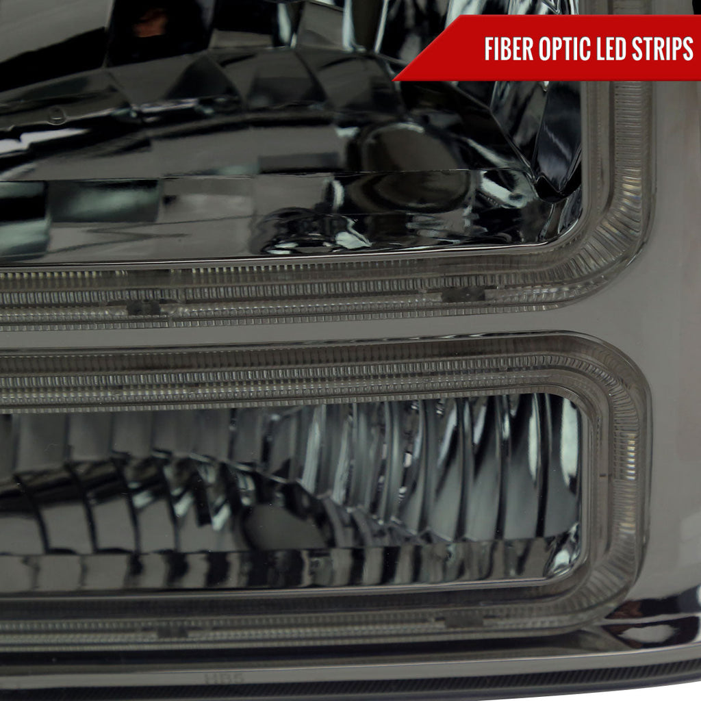 1999-2004 Ford F-250/F-350/F-450/F-550/2000-2004 Excursion Euro Factory Style Headlights with Dual LED C-Bar  (Chrome Housing/Smoked Lens)
