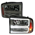 1999-2004 Ford F-250/F-350/F-450/F-550/2000-2004 Excursion Euro Factory Style Headlights with Dual LED C-Bar  (Chrome Housing/Smoked Lens)