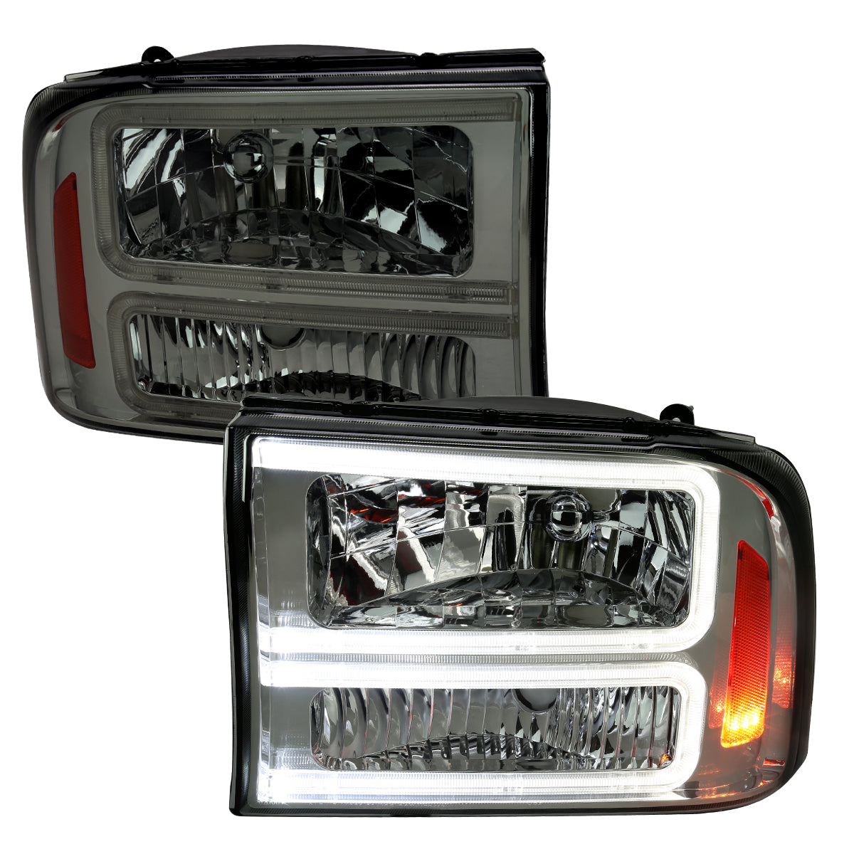 1999-2004 Ford F-250/F-350/F-450/F-550/2000-2004 Excursion Euro Factory Style Headlights with Dual LED C-Bar  (Chrome Housing/Smoked Lens)