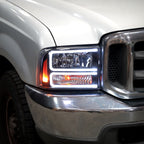 1999-2004 Ford F-250/F-350/F-450/F-550/2000-2004 Excursion Euro Factory Style Headlights with Dual LED C-Bar  (Matte Black Housing/Clear Lens)