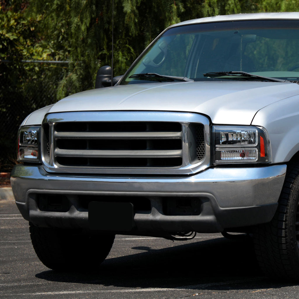 1999-2004 Ford F-250/F-350/F-450/F-550/2000-2004 Excursion Euro Factory Style Headlights with Dual LED C-Bar  (Matte Black Housing/Clear Lens)
