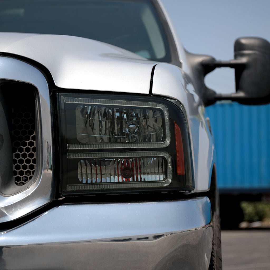 1999-2004 Ford F-250/F-350/F-450/F-550/2000-2004 Excursion Euro Factory Style Headlights with Dual LED C-Bar & Amber Reflectors (Jet Black Housing/Smoked Lens)
