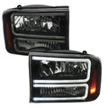 1999-2004 Ford F-250/F-350/F-450/F-550/2000-2004 Excursion Euro Factory Style Headlights with Dual LED C-Bar & Amber Reflectors (Jet Black Housing/Smoked Lens)