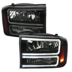 1999-2004 Ford F-250/F-350/F-450/F-550/2000-2004 Excursion Euro Factory Style Headlights with Dual LED C-Bar & Amber Reflectors (Jet Black Housing/Smoked Lens)