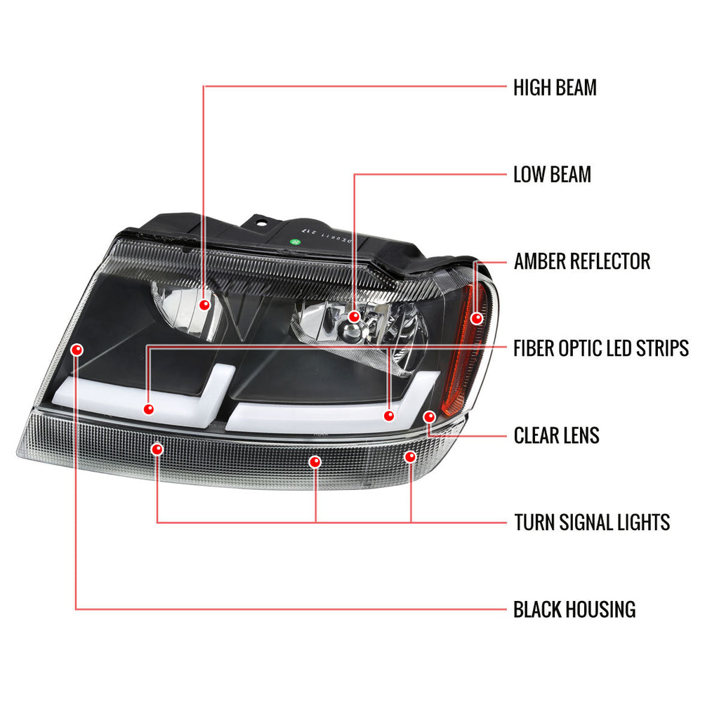 1999-2004 Jeep Grand Cherokee Factory Style Dual LED Bar Headlights (Matte Black Housing/Clear Lens)