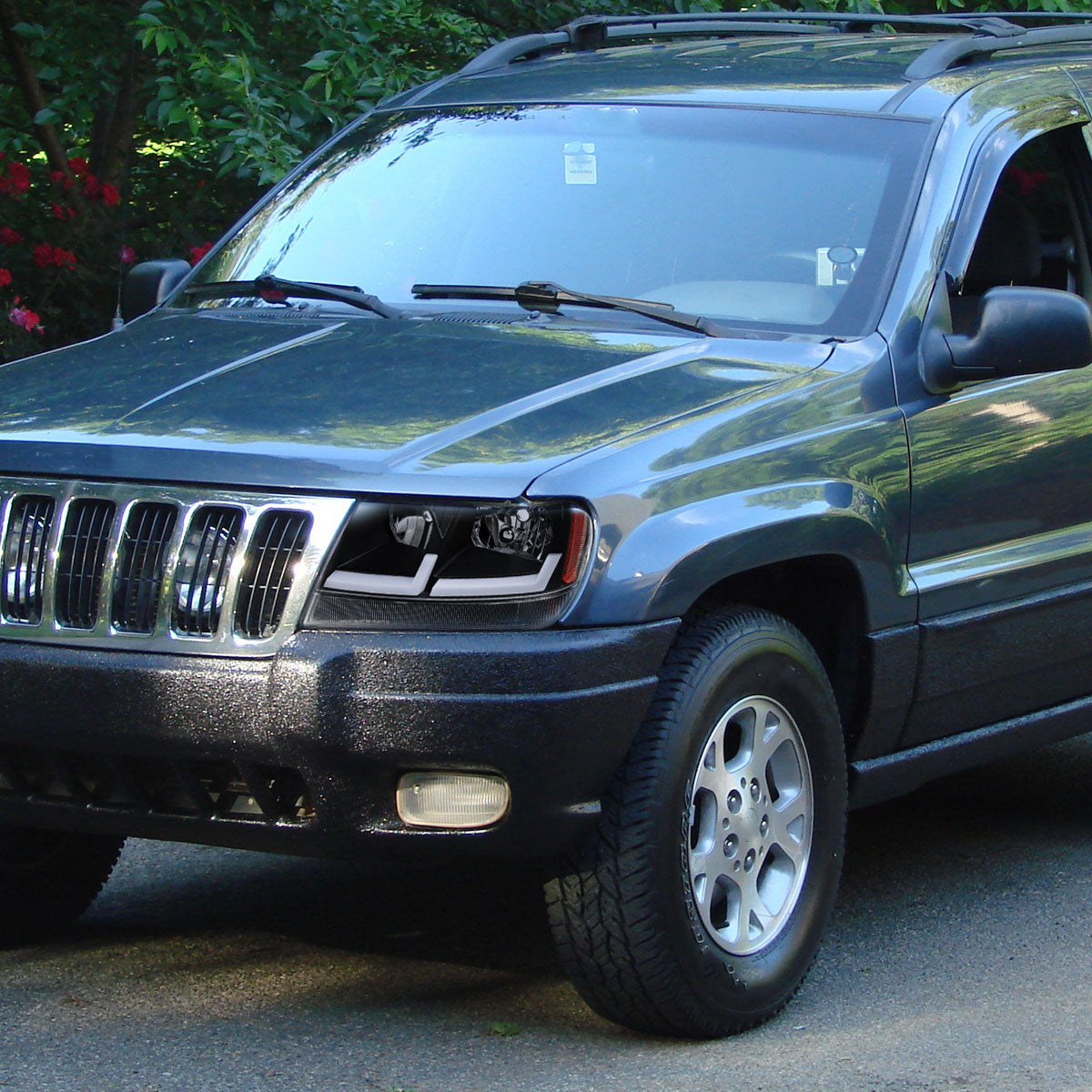 1999-2004 Jeep Grand Cherokee Factory Style Dual LED Bar Headlights (Matte Black Housing/Clear Lens)