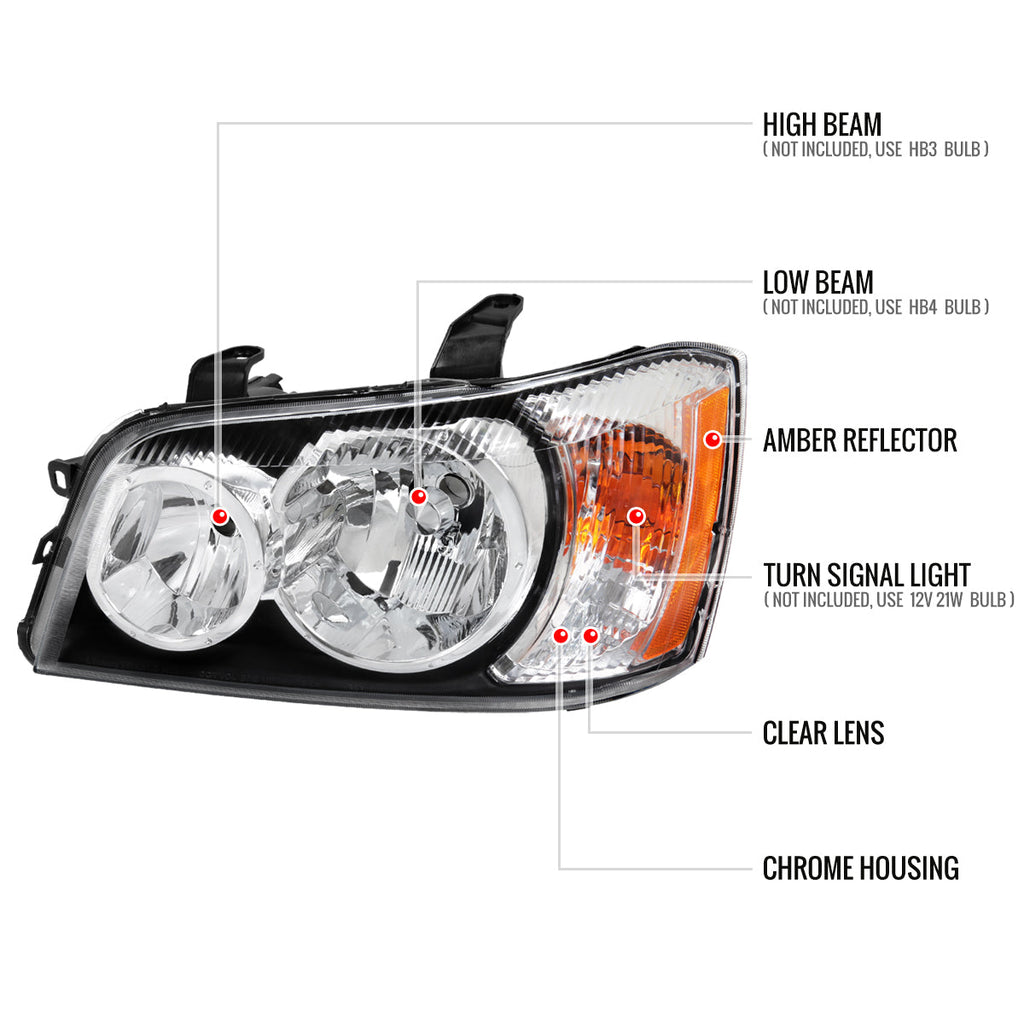 2001-2003 Toyota Highlander Factory Style Headlights (Chrome Housing/Clear Lens)