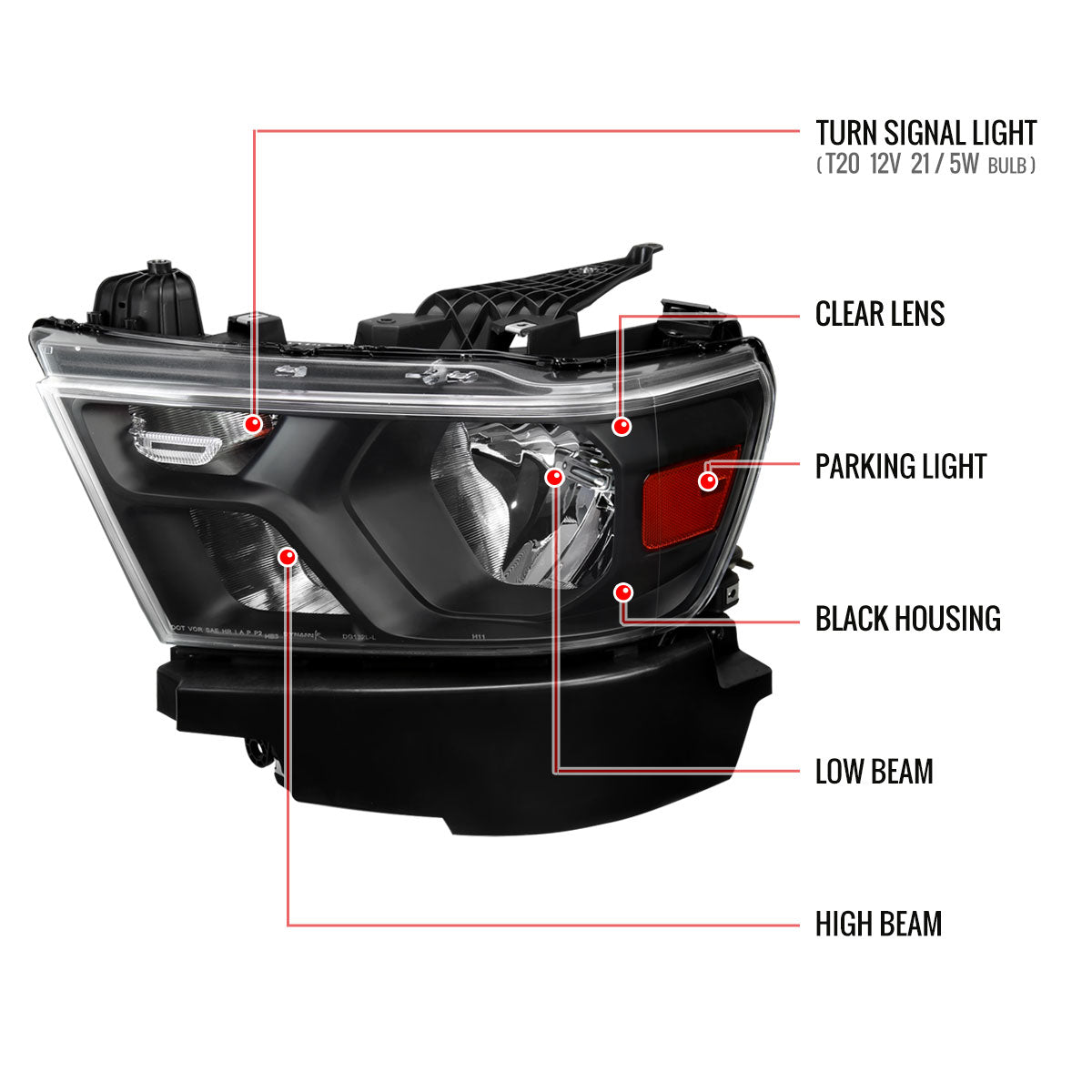 2019-2024 Dodge RAM 1500 Factory Style Headlights with Amber Reflectors (Matte Black Housing/Clear Lens)