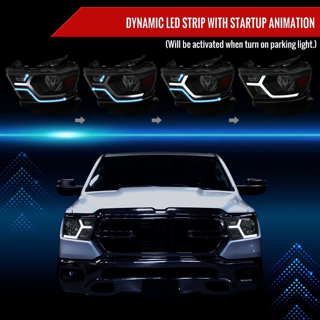 2019-2024 Dodge RAM 1500 Animated LED Bar Factory Style Headlights (Matte Black Housing/Smoked Lens)