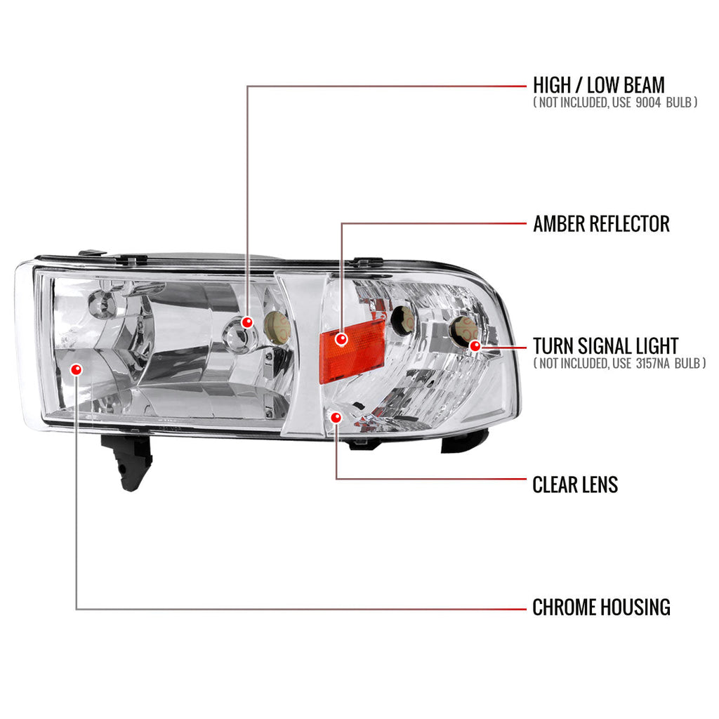 1994-2001 Dodge RAM 1500/ 1994-2002 RAM 2500 3500 Factory Style Headlights (Chrome Housing/Clear Lens)