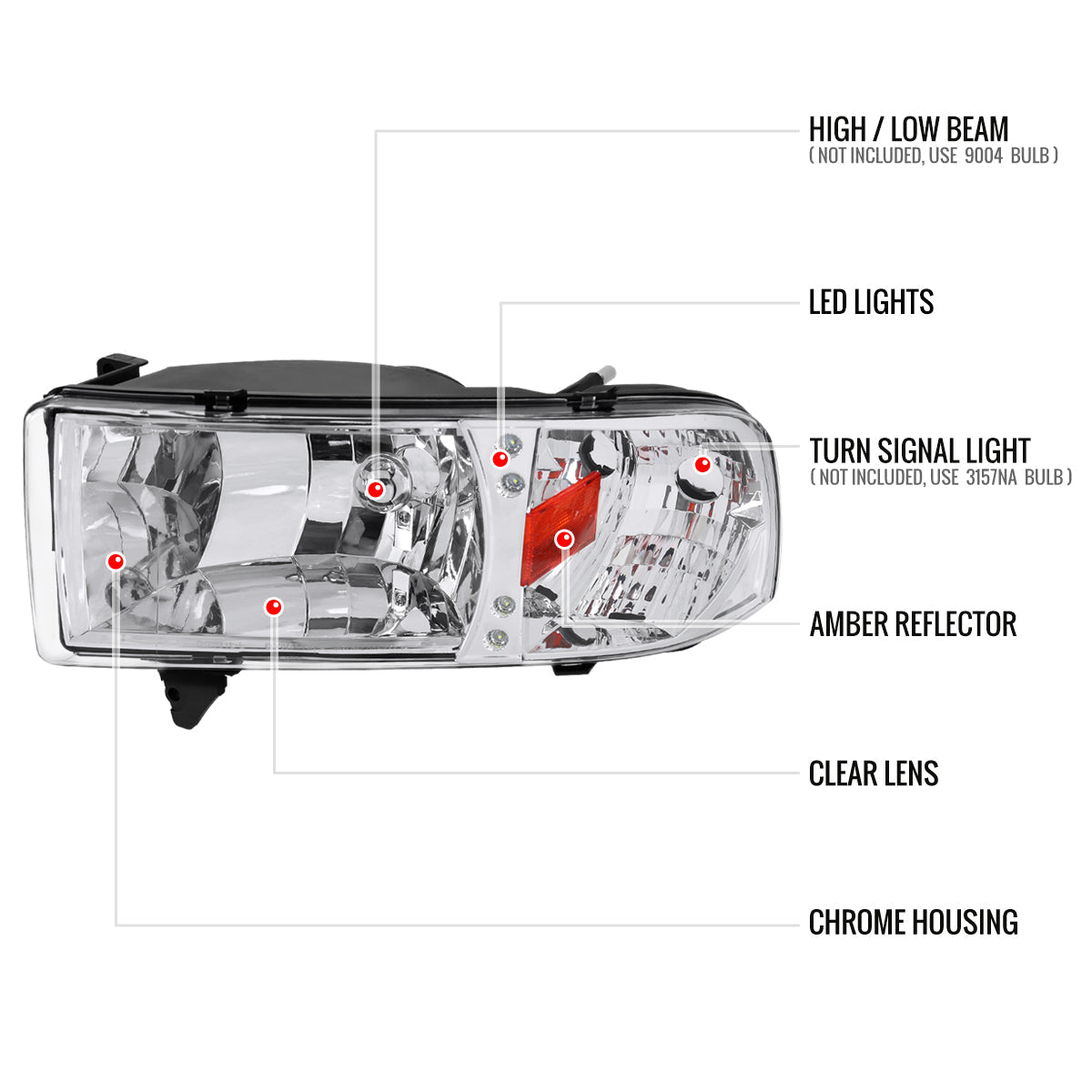 1994-2001 Dodge RAM 1500/ 1994-2002 Dodge RAM 2500 3500 Crystal Headlights (Chrome Housing/Clear Lens)