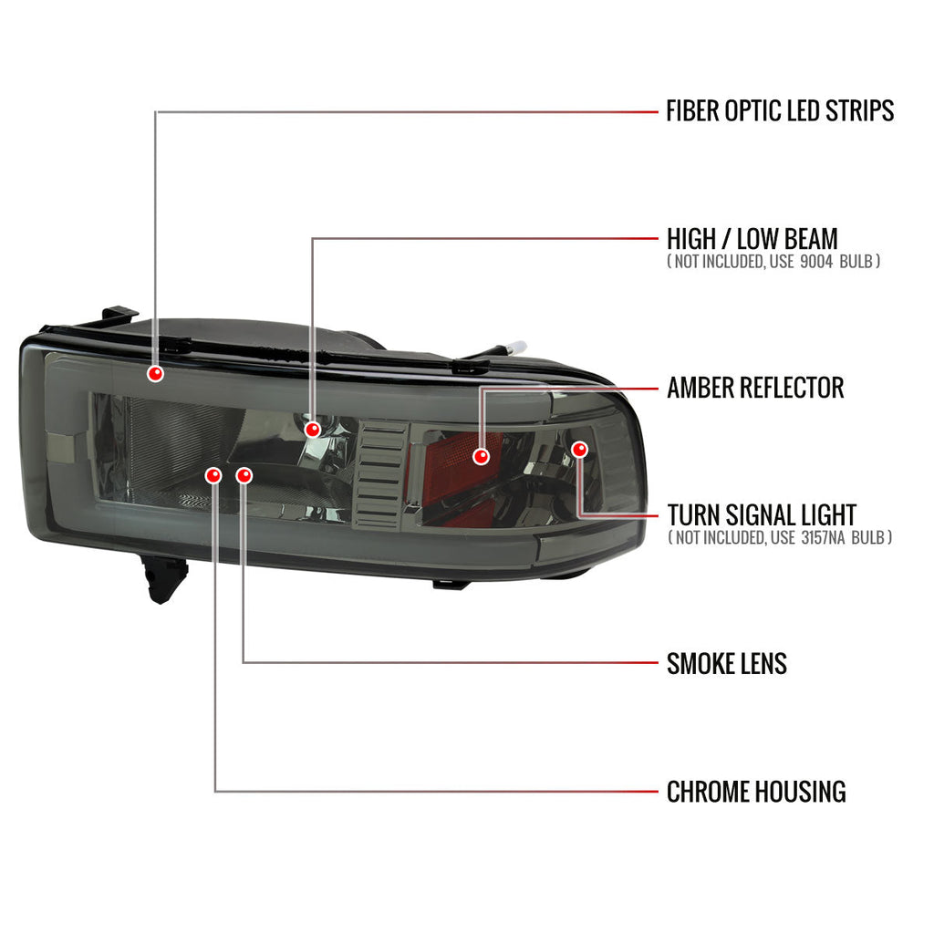 1994-2001 Dodge RAM 1500/ 1994-2002 RAM 2500/3500 Dual LED Bar Factory Style Headlights (Chrome Housing/Smoked Lens)