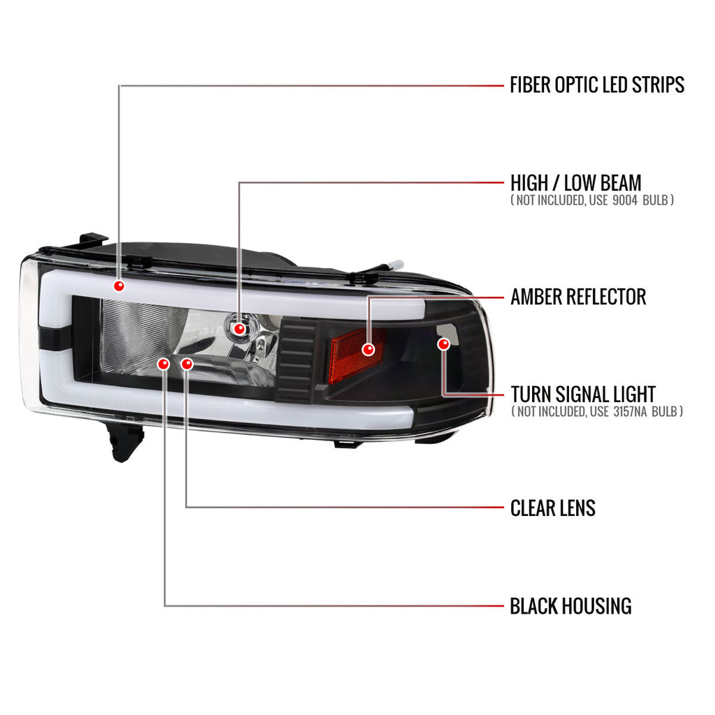 1994-2001 Dodge RAM 1500/ 1994-2002 RAM 2500/3500 Dual LED Bar Factory Style Headlights (Matte Black Housing/Clear Lens)
