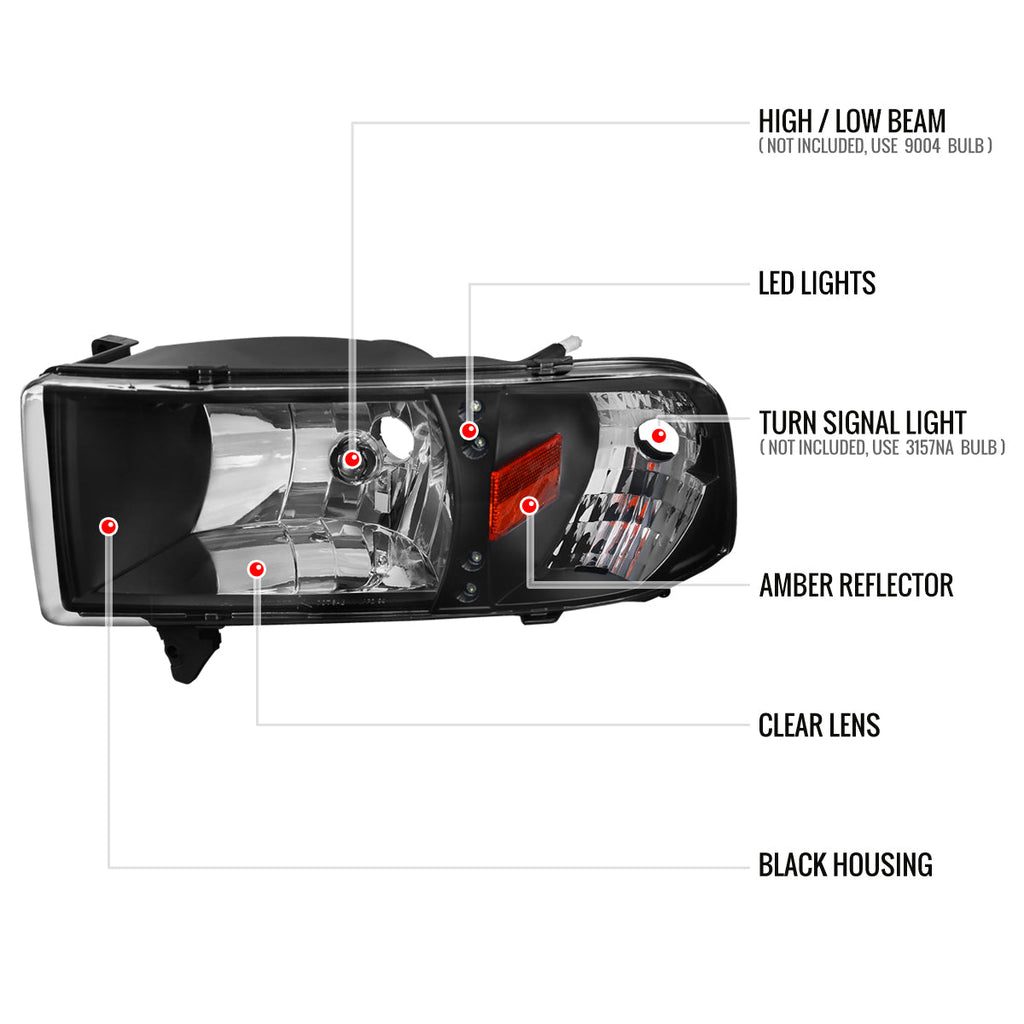 1994-2001 Dodge RAM 1500/ 1994-2002 Dodge RAM 2500 3500 Crystal Headlights (Matte Black Housing/Clear Lens)