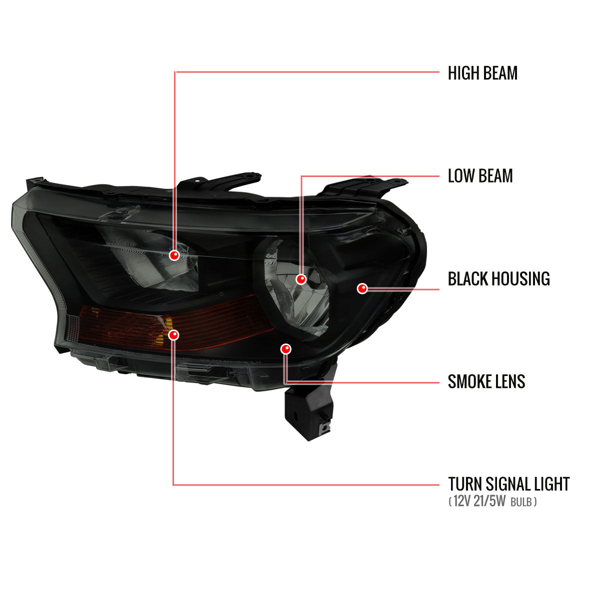 2019-2022 Ford Ranger XL/XLT Factory Style Halogen Headlights (Glossy Black Housing/Smoked Lens)