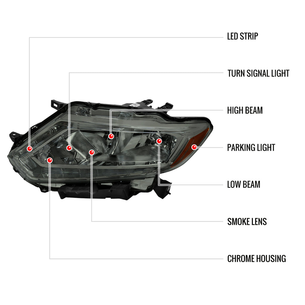 2014-2016 Nissan Rogue LED Strip Factory Style Headlights (Chrome Housing/Smoked Lens)
