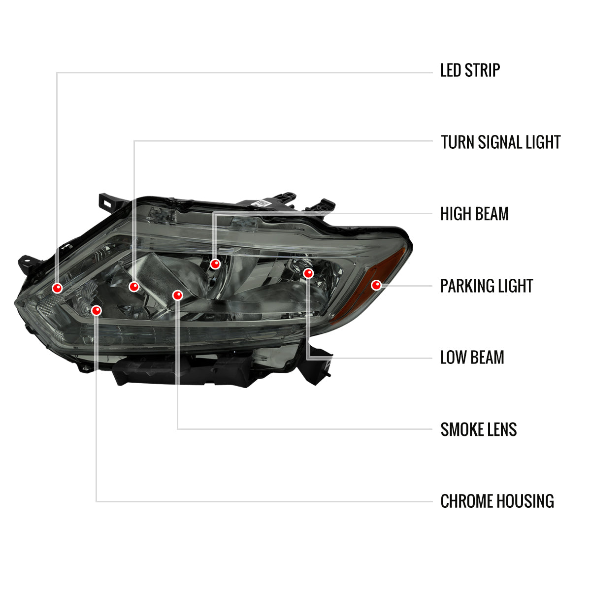 2014-2016 Nissan Rogue LED Strip Factory Style Headlights (Chrome Housing/Smoked Lens)