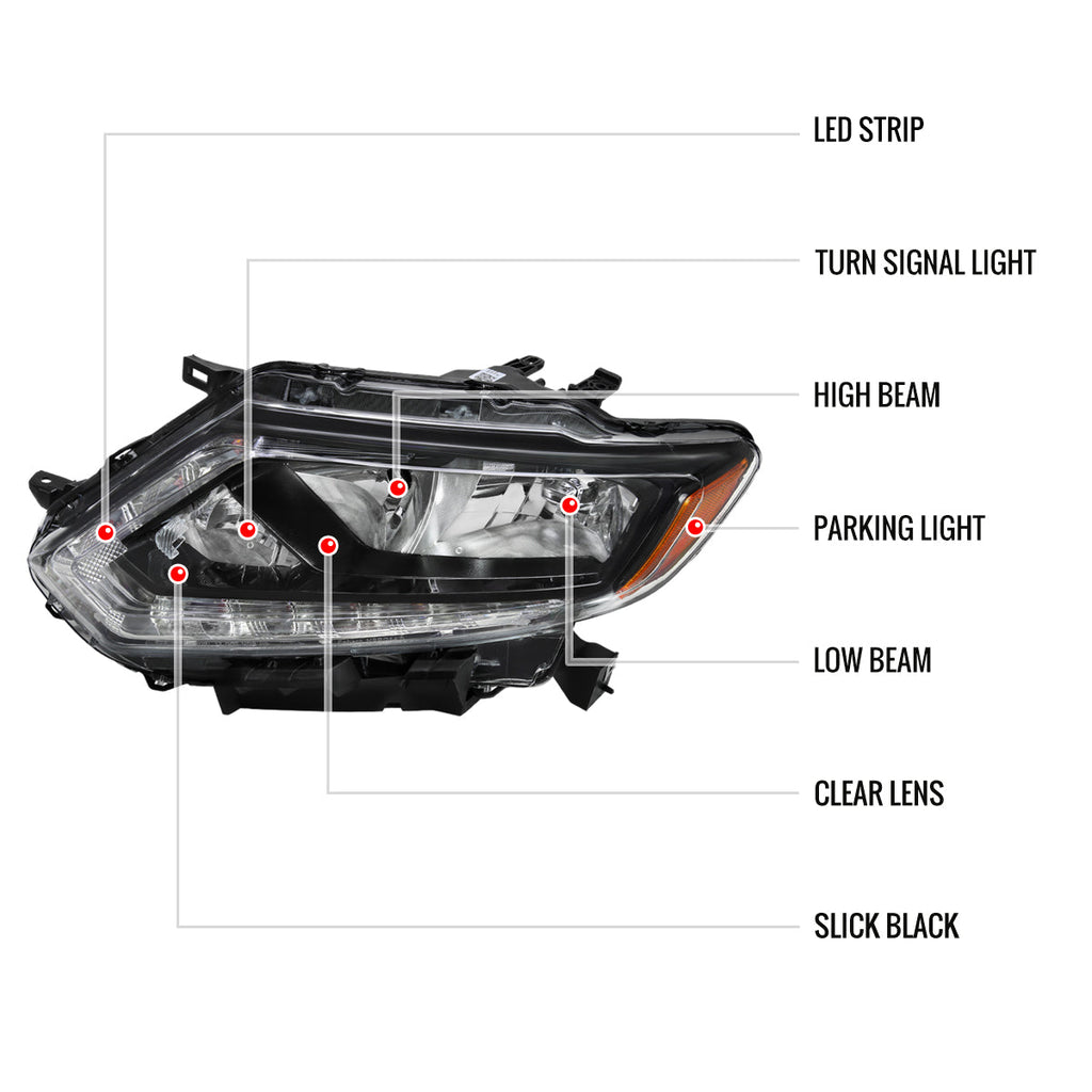 2014-2016 Nissan Rogue LED Strip Factory Style Driver/Left Side Headlight (Matte Black Housing/Clear Lens)