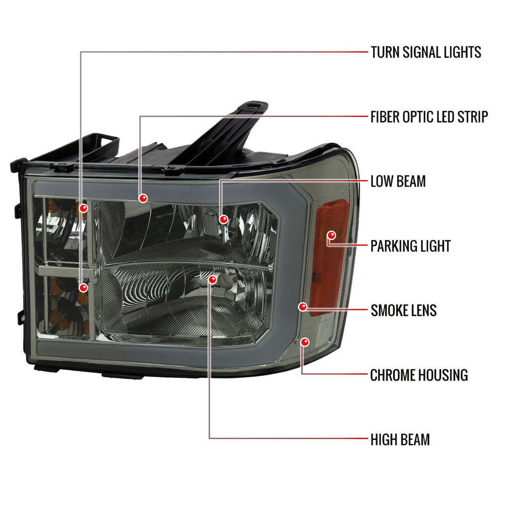 2007-2013 GMC Sierra 1500/ 2007-2014 1500HD 2500HD 3500HD LED Bar Factory Style Headlights (Chrome Housing/Smoked Lens)