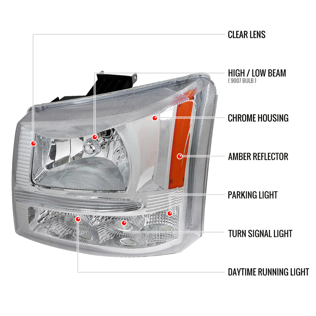 2002-2006 Chevrolet Avalanche/ 2003-2007 Silverado 1PC Factory Style Crystal Headlights w/ Bumper Lights (Chrome Housing/Clear Lens)
