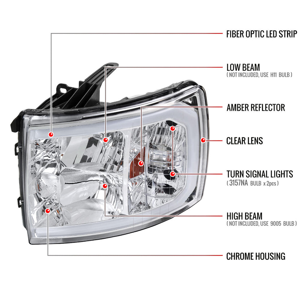 2007-2013 Chevrolet Silverado 1500/ 2007-2014 Silverado 2500HD 3500HD LED C-Bar Factory Style Headlights w/ Amber Reflector (Chrome Housing/Clear Lens)