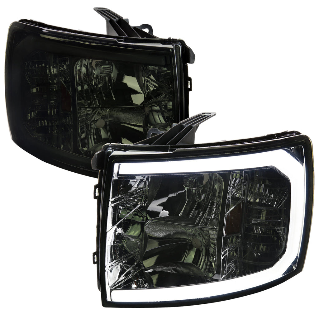 2007-2013 Chevrolet Silverado 1500/ 2007-2014 Silverado 2500HD 3500HD LED C-Bar Factory Style Headlights w/ Amber Reflector (Chrome Housing/Smoked Lens)