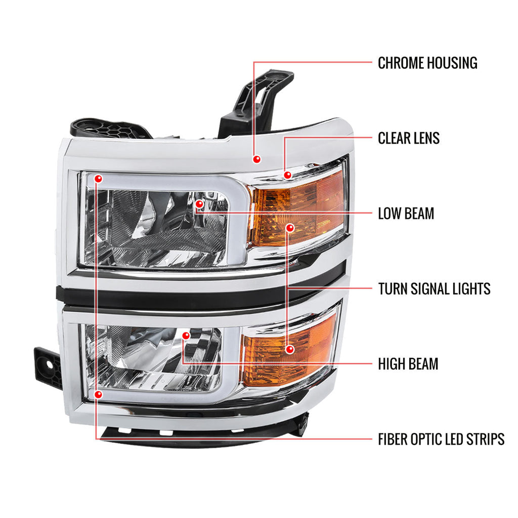 2014-2015 Chevrolet Silverado 1500 LED Bar Factory Style Headlights (Chrome Housing/Clear Lens)
