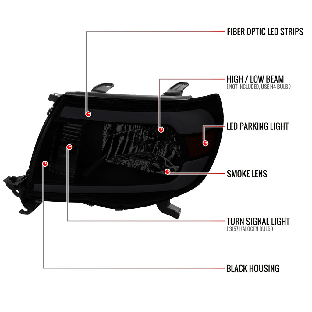 2005-2011 Toyota Tacoma LED Bar Factory Style Headlights (Matte Black Housing/Smoked Lens)