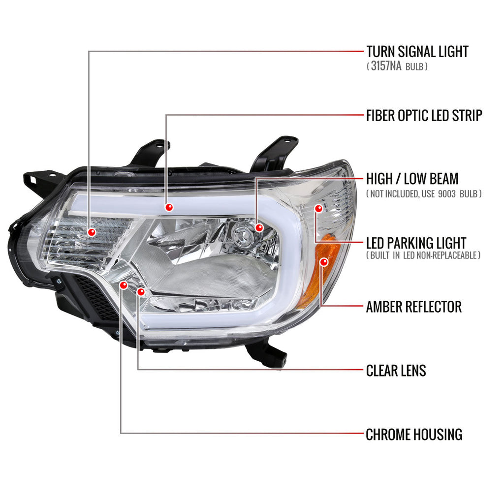 2012-2015 Toyota Tacoma LED Bar Factory Style Headlights with Amber Reflector (Chrome Housing/Clear Lens)
