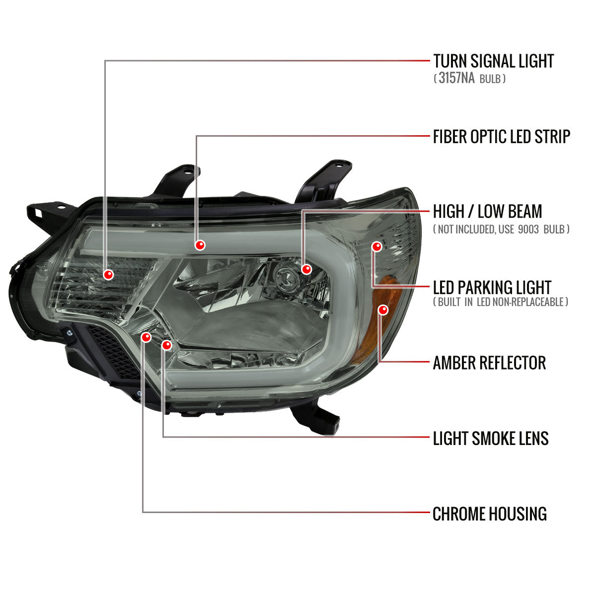 2012-2015 Toyota Tacoma LED Bar Factory Style Headlights with Amber Reflector (Chrome Housing/Light Smoked Lens)