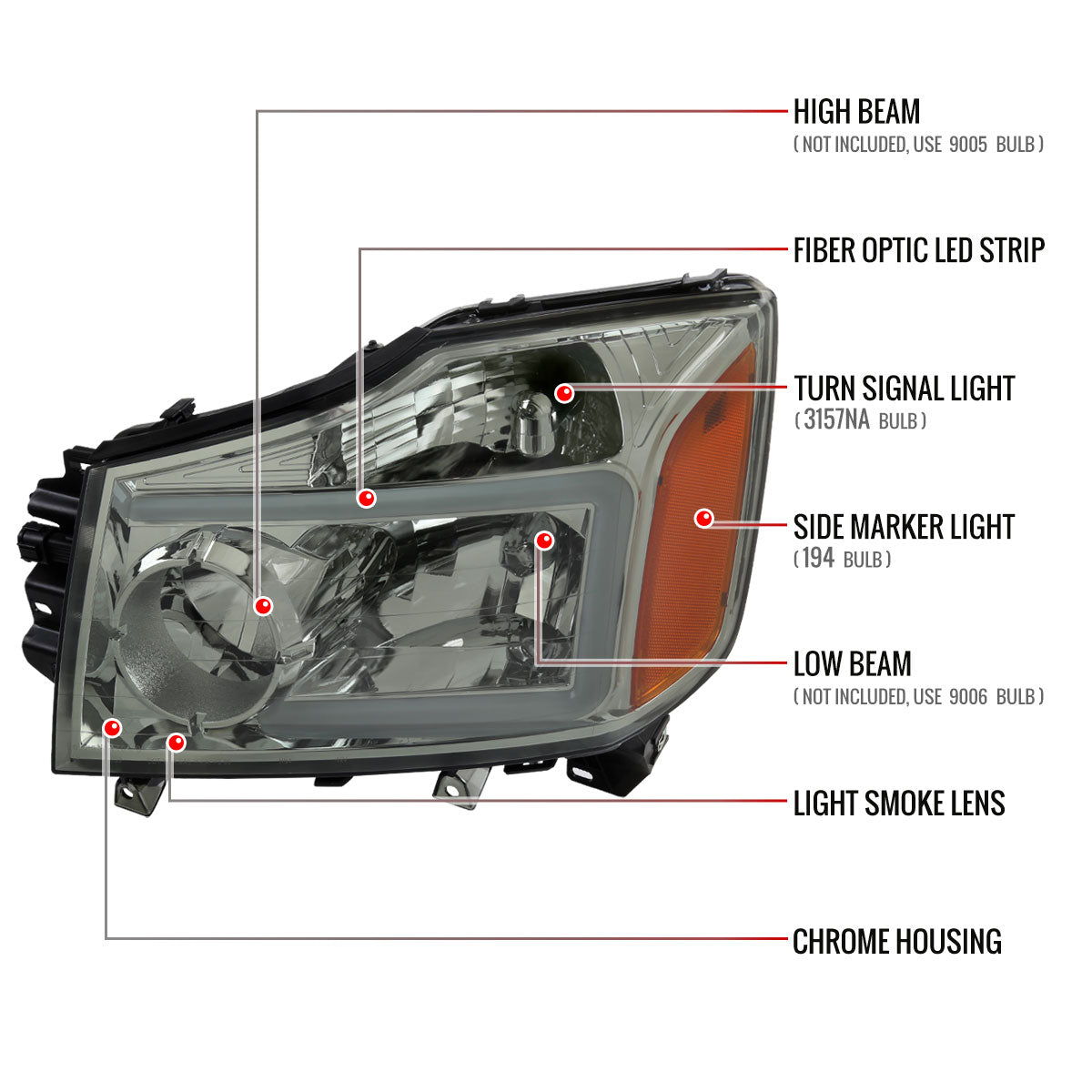 2004-2015 Nissan Titan / 2004-2007 Armada LED Bar Factory Headlights (Chrome Housing/Light Smoked Lens)