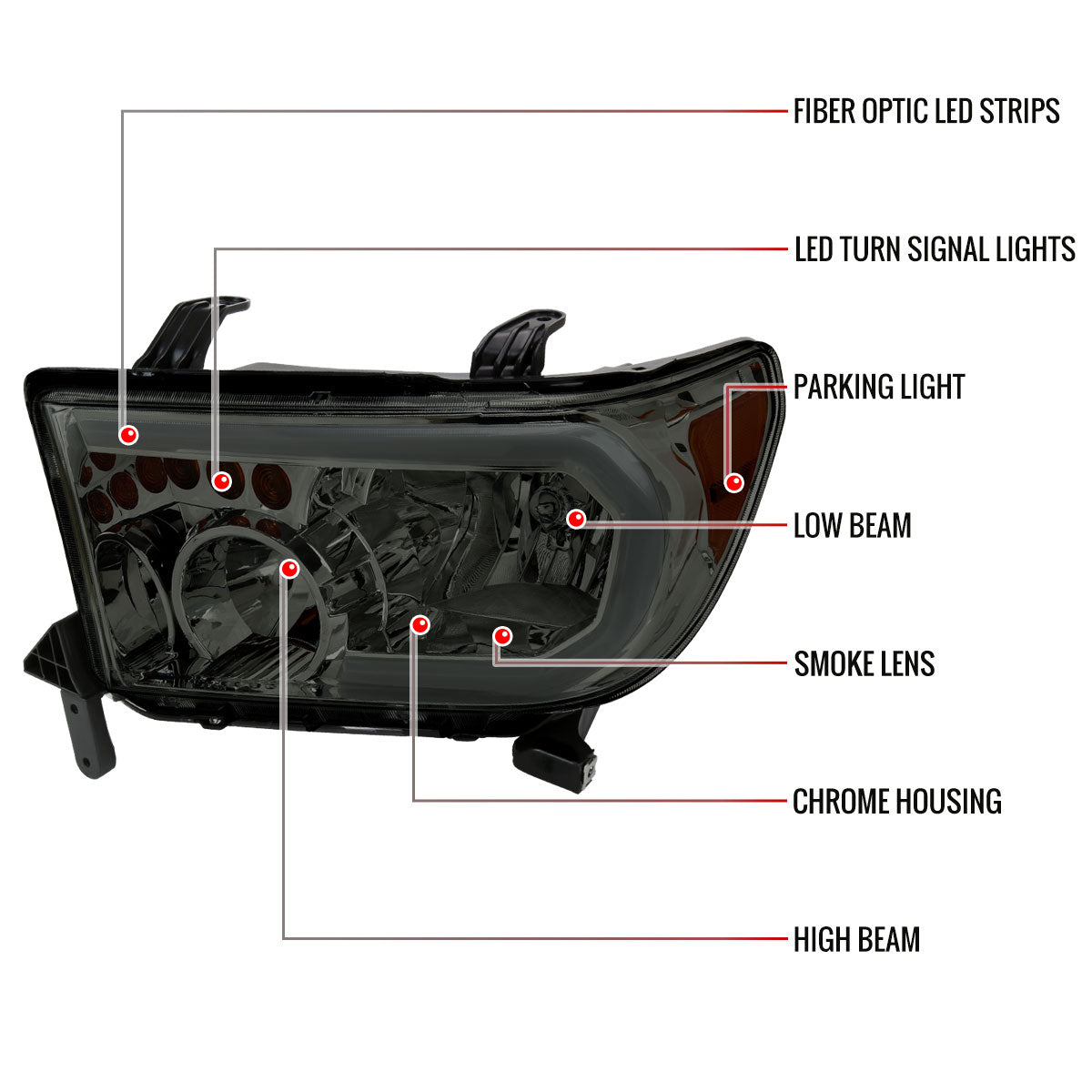 2007-2013 Toyota Tundra/2008-2017 Sequoia Headlights LED Tube Factory Style Headlights with LED Turn Signal (Chrome Housing/Smoked Lens)