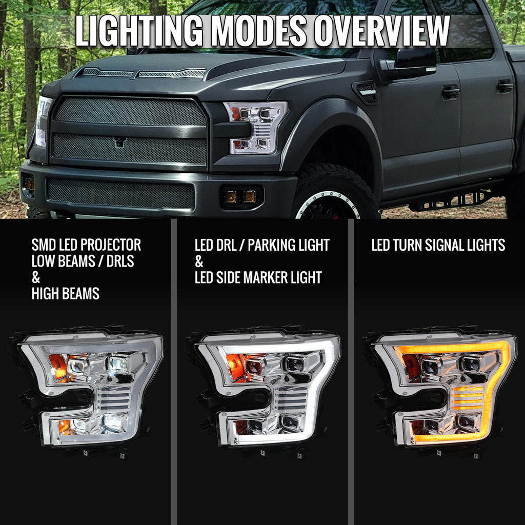 2015-2017 Ford F-150 LED Projector Headlights w/ Switchback LED Sequential Turn Signals DRL Parking Light Strip (Chrome Housing / Clear Lens)