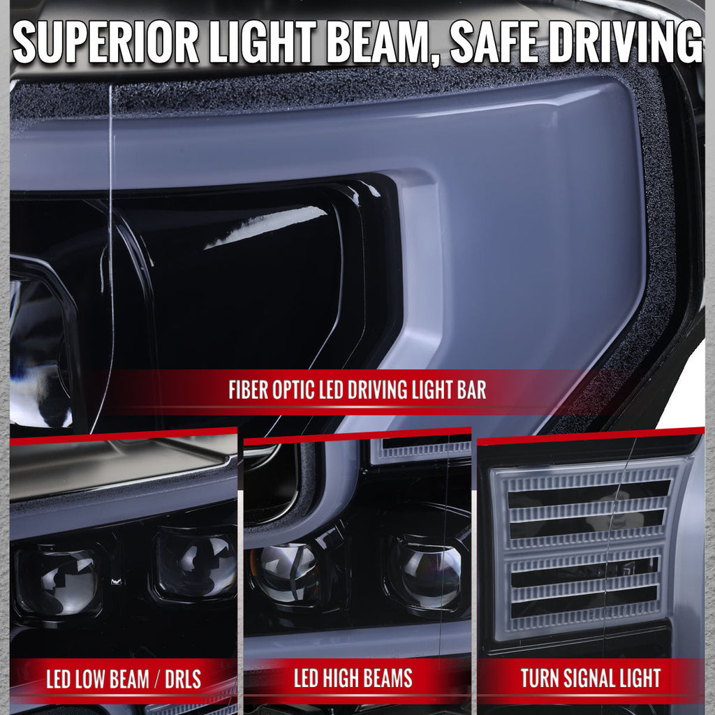 2015-2017 Ford F-150 LED Projector Headlights w/ LED DRL Light Bar (Glossy Black Housing / Smoked Lens)