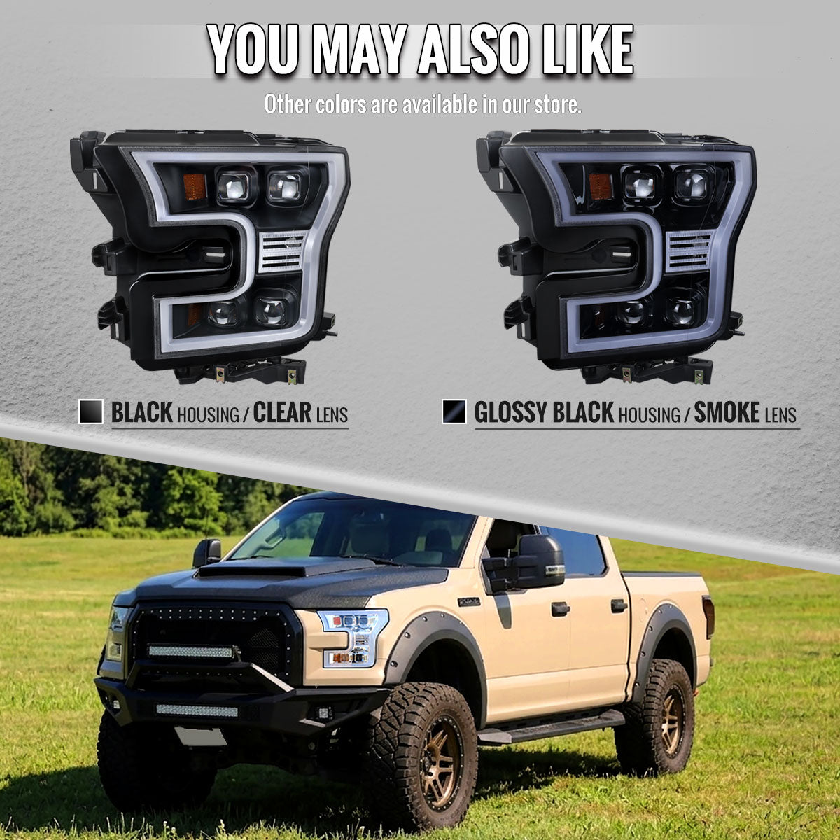 2015-2017 Ford F-150 LED Projector Headlights w/ LED DRL Light Bar (Glossy Black Housing / Smoked Lens)