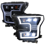 2015-2017 Ford F-150 LED Projector Headlights w/ LED DRL Light Bar (Glossy Black Housing / Smoked Lens)