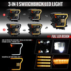 2015-2017 Ford F-150 LED Projector Headlights w/ Switchback LED Sequential Turn Signals DRL Parking Light Strip (Black Housing / Clear Lens)