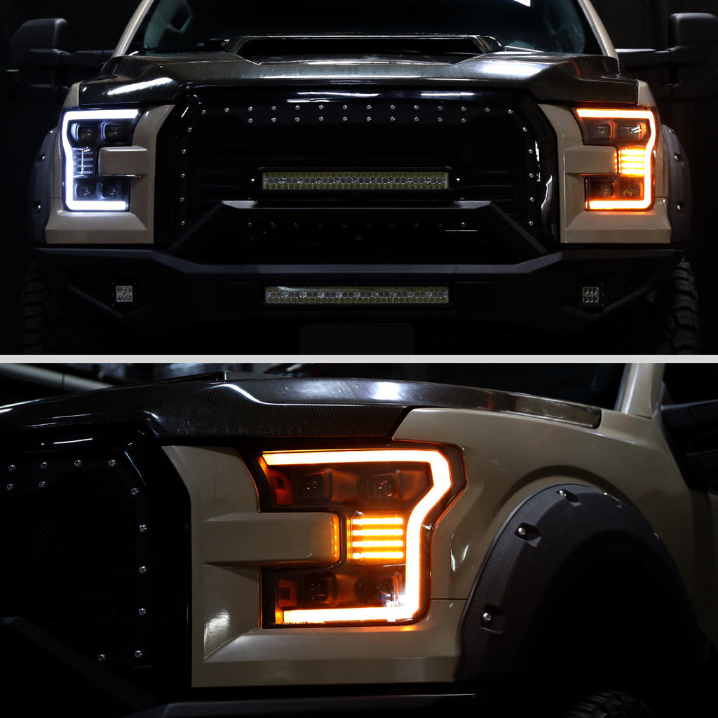 2015-2017 Ford F-150 LED Projector Headlights w/ Switchback LED Sequential Turn Signals DRL Parking Light Strip (Black Housing / Clear Lens)