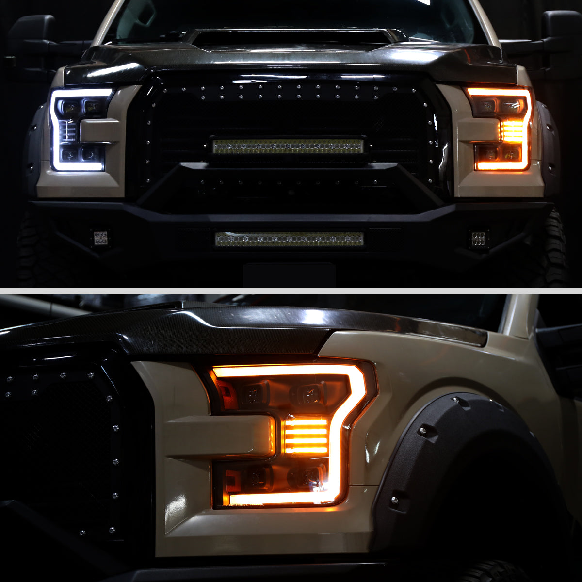 2015-2017 Ford F-150 LED Projector Headlights w/ Switchback LED Sequential Turn Signals DRL Parking Light Strip (Black Housing / Clear Lens)