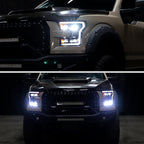2015-2017 Ford F-150 LED Projector Headlights w/ Switchback LED Sequential Turn Signals DRL Parking Light Strip (Black Housing / Smoked Lens)
