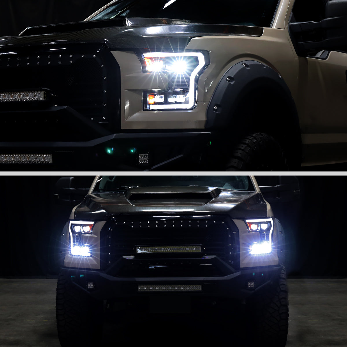 2015-2017 Ford F-150 LED Projector Headlights w/ Switchback LED Sequential Turn Signals DRL Parking Light Strip (Black Housing / Smoked Lens)