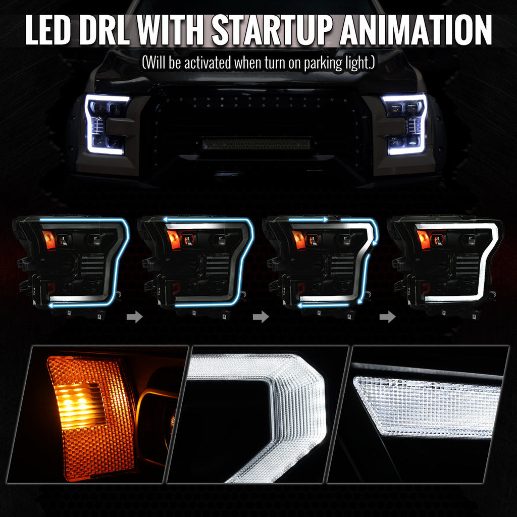 2015-2017 Ford F-150 LED Projector Headlights w/ Switchback LED Sequential Turn Signals DRL Parking Light Strip (Black Housing / Smoked Lens)