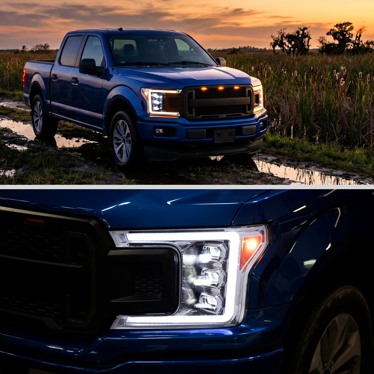 2018-2020 Ford F-150 Full LED Projector Headlights w/ Switchback LED Sequential Turn Signals DRL (Chrome Housing / Clear Lens)