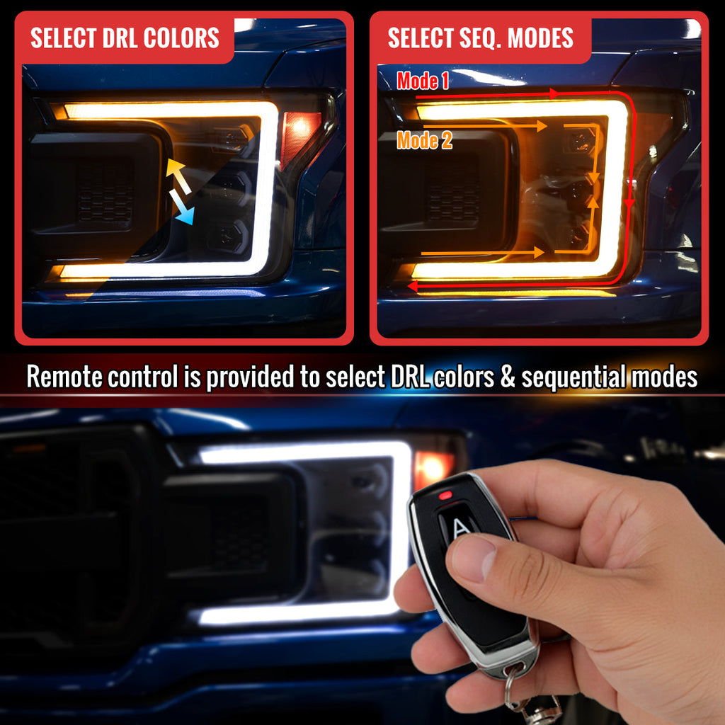 2018-2020 Ford F-150 Full LED Projector Headlights w/ Switchback LED Sequential Turn Signals DRL (Chrome Housing / Clear Lens)