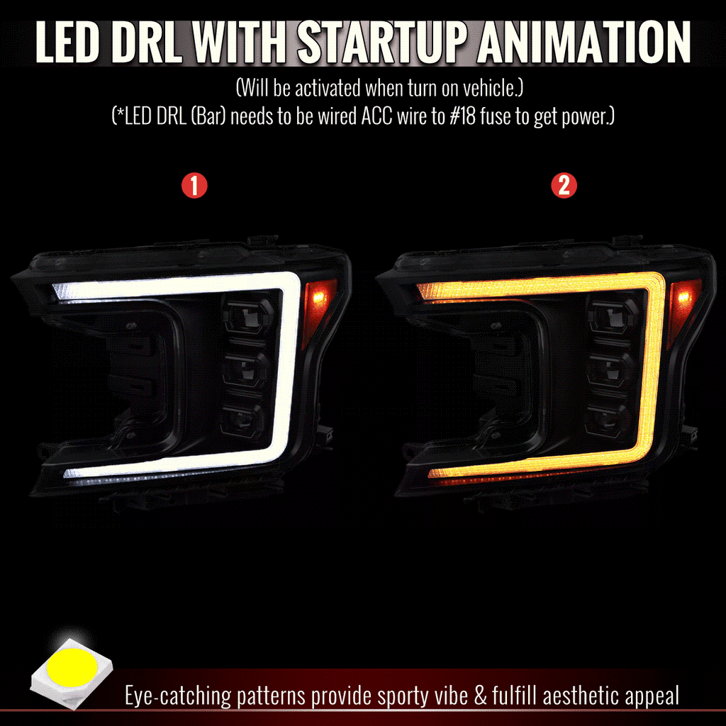 2018-2020 Ford F-150 Full LED Projector Headlights w/ Switchback LED Sequential Turn Signals DRL (Black Housing / Clear Lens)