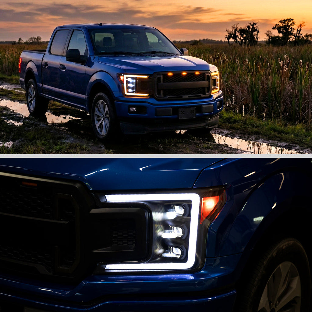 2018-2020 Ford F-150 Full LED Projector Headlights w/ Switchback LED Sequential Turn Signals DRL (Black Housing / Smoked Lens)