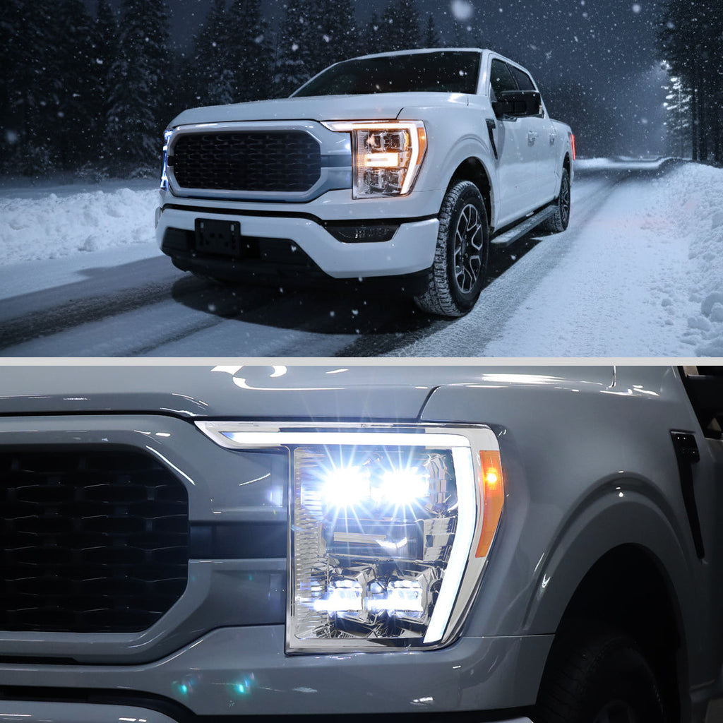 2021-2023 Ford F-150 Full LED Projector Headlights w/ Switchback LED Sequential Turn Signals DRL Parking Light Strip (Chrome Housing / Clear Lens)  - Fits Models w/ Factory Halogen Headlights