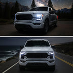 2021-2023 Ford F-150 Full LED Projector Headlights w/ Switchback LED Sequential Turn Signals DRL Parking Light Strip (Matte Black Housing / Clear Lens) - Fits Models w/ Factory Halogen Headlights