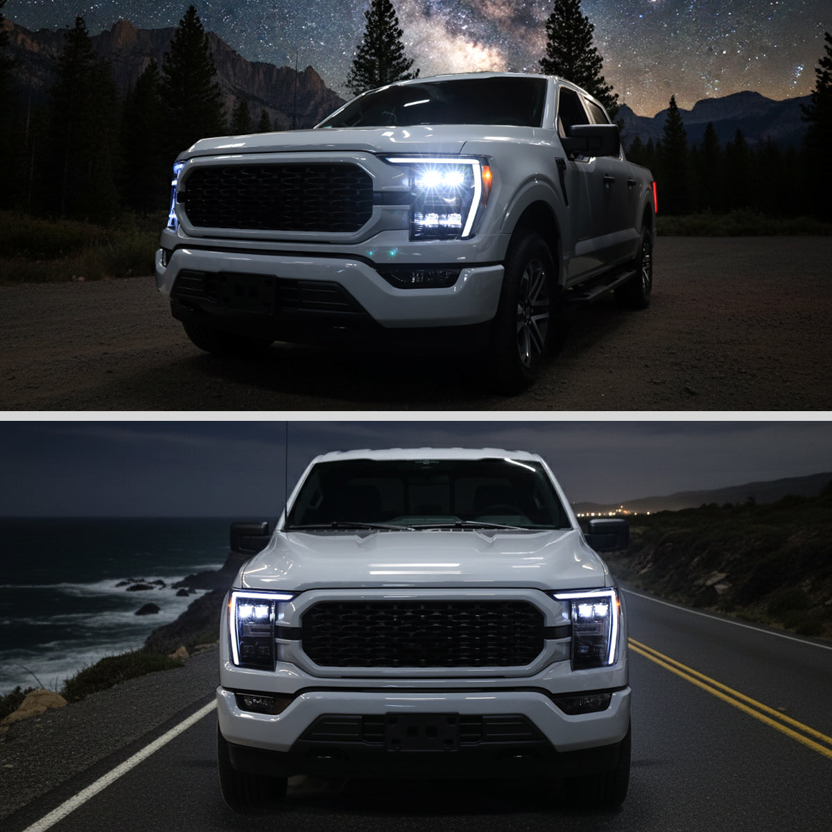 2021-2023 Ford F-150 Full LED Projector Headlights w/ Switchback LED Sequential Turn Signals DRL Parking Light Strip (Matte Black Housing / Clear Lens) - Fits Models w/ Factory Halogen Headlights