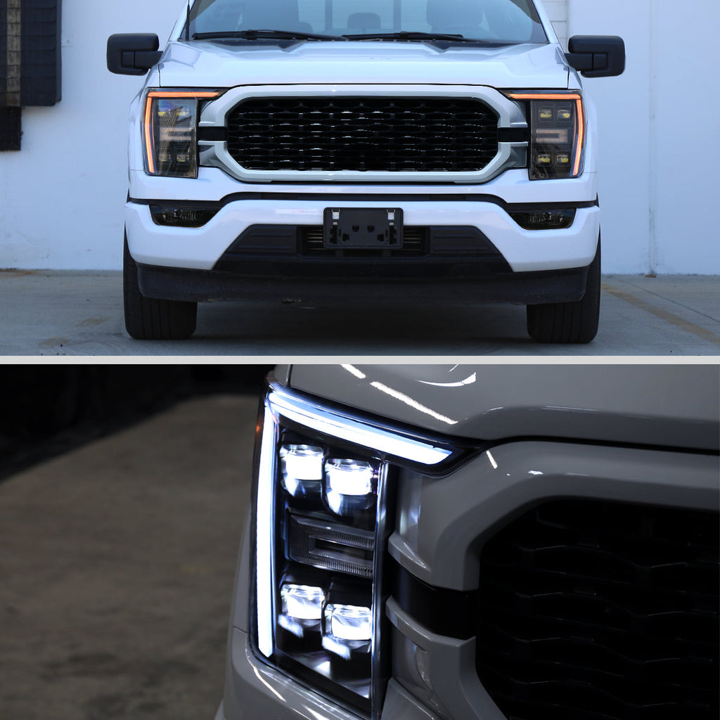 2021-2023 Ford F-150 Full LED Projector Headlights w/ Switchback LED Sequential Turn Signals DRL Parking Light Strip (Matte Black Housing / Clear Lens) - Fits Models w/ Factory Halogen Headlights